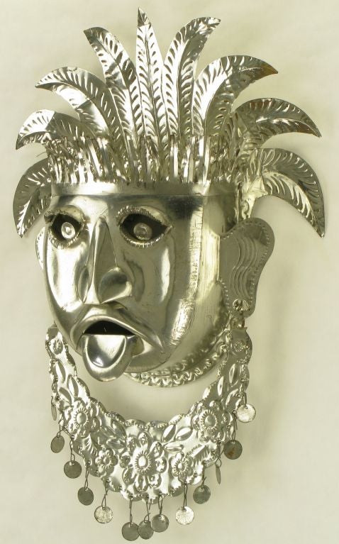 20th Century Stamped & Polished Metal Tribal Mask Wall Hanging For Sale