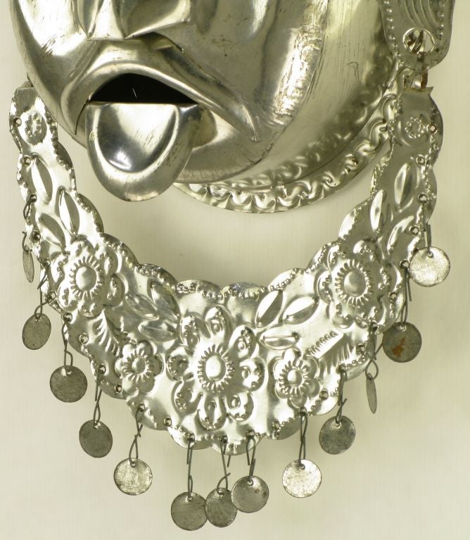 Stamped & Polished Metal Tribal Mask Wall Hanging For Sale 1