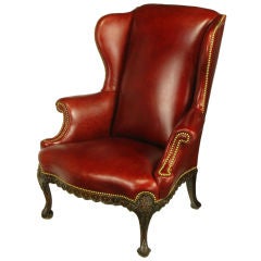 Vintage Regency Red Leather & Carved Walnut Wing Chair