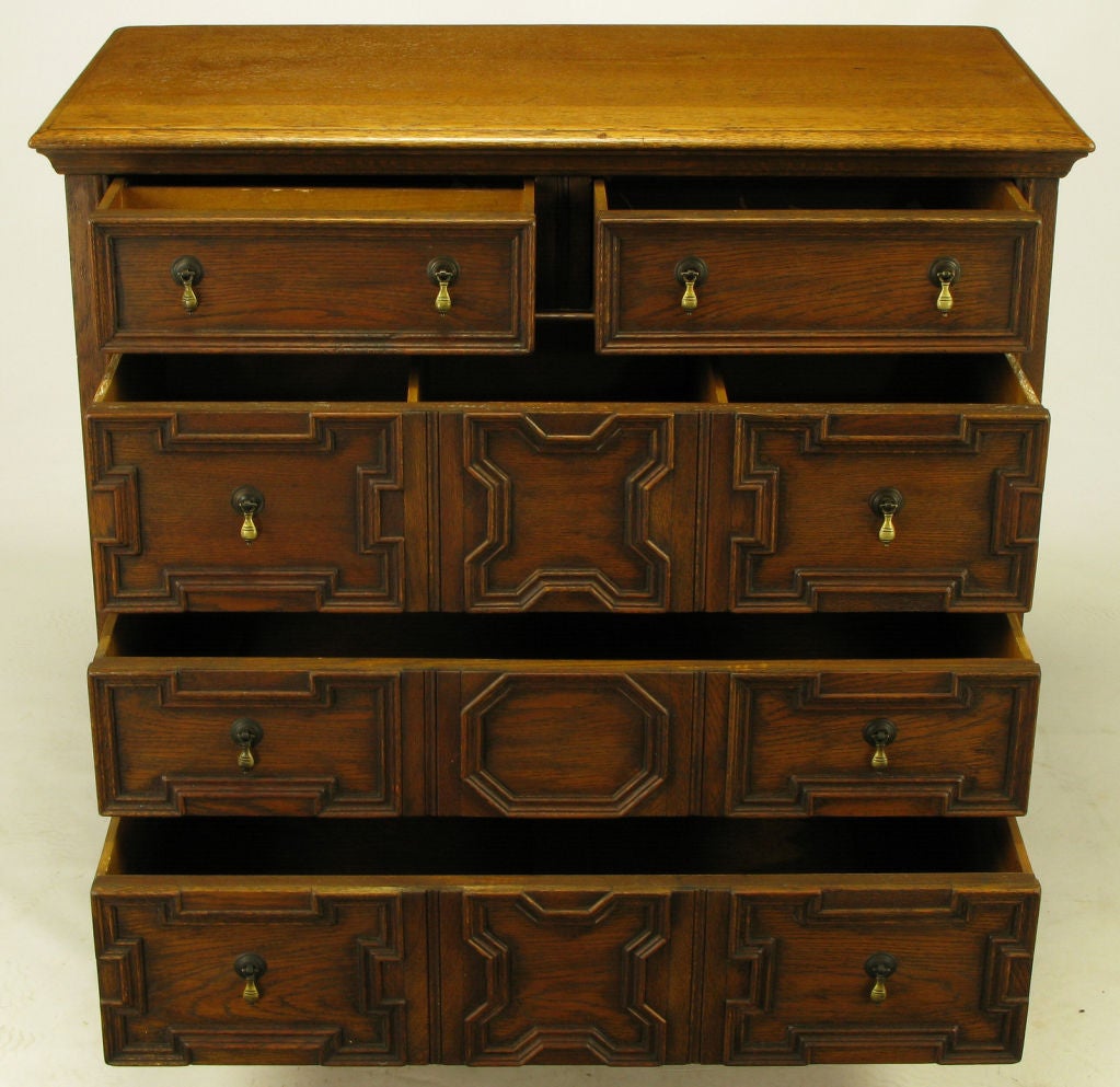 American Jacobean Style Five-Drawer Oak Commode With Brass Drop Pulls