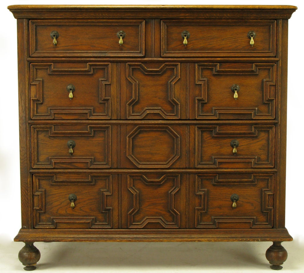 Mid-20th Century Jacobean Style Five-Drawer Oak Commode With Brass Drop Pulls
