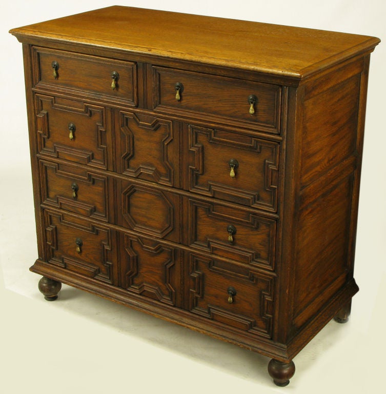 Jacobean Style Five-Drawer Oak Commode With Brass Drop Pulls 1