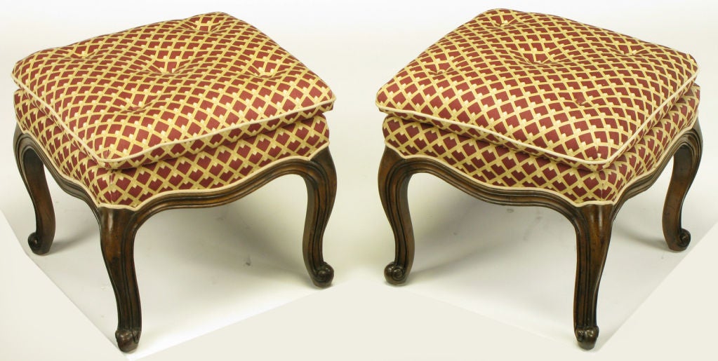 Pair Petite Cabriole Leg Button Tufted Ottomans