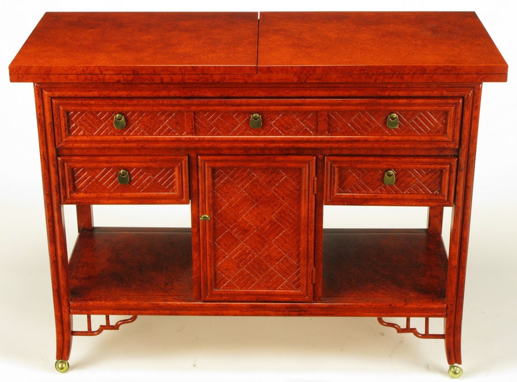 Glazed Cinnabar Flip Top Chinoiserie Bar Cart/Server