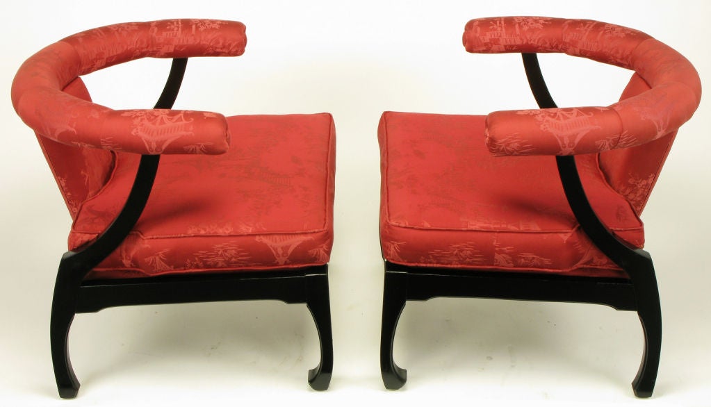 American Pair Low Ming-Style Silk Upholstered Chinoiserie Lounge Chairs