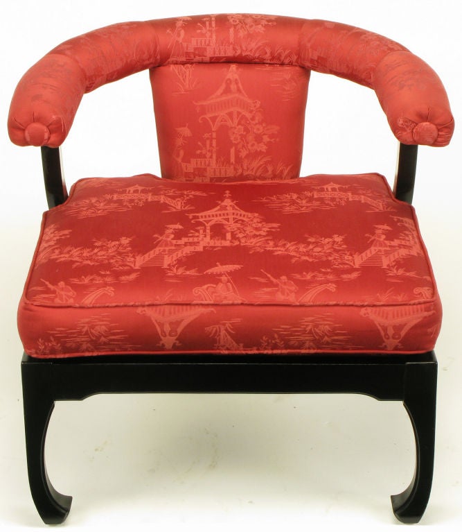 Mid-20th Century Pair Low Ming-Style Silk Upholstered Chinoiserie Lounge Chairs