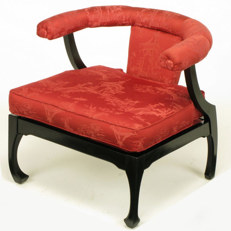 Wood Pair Low Ming-Style Silk Upholstered Chinoiserie Lounge Chairs