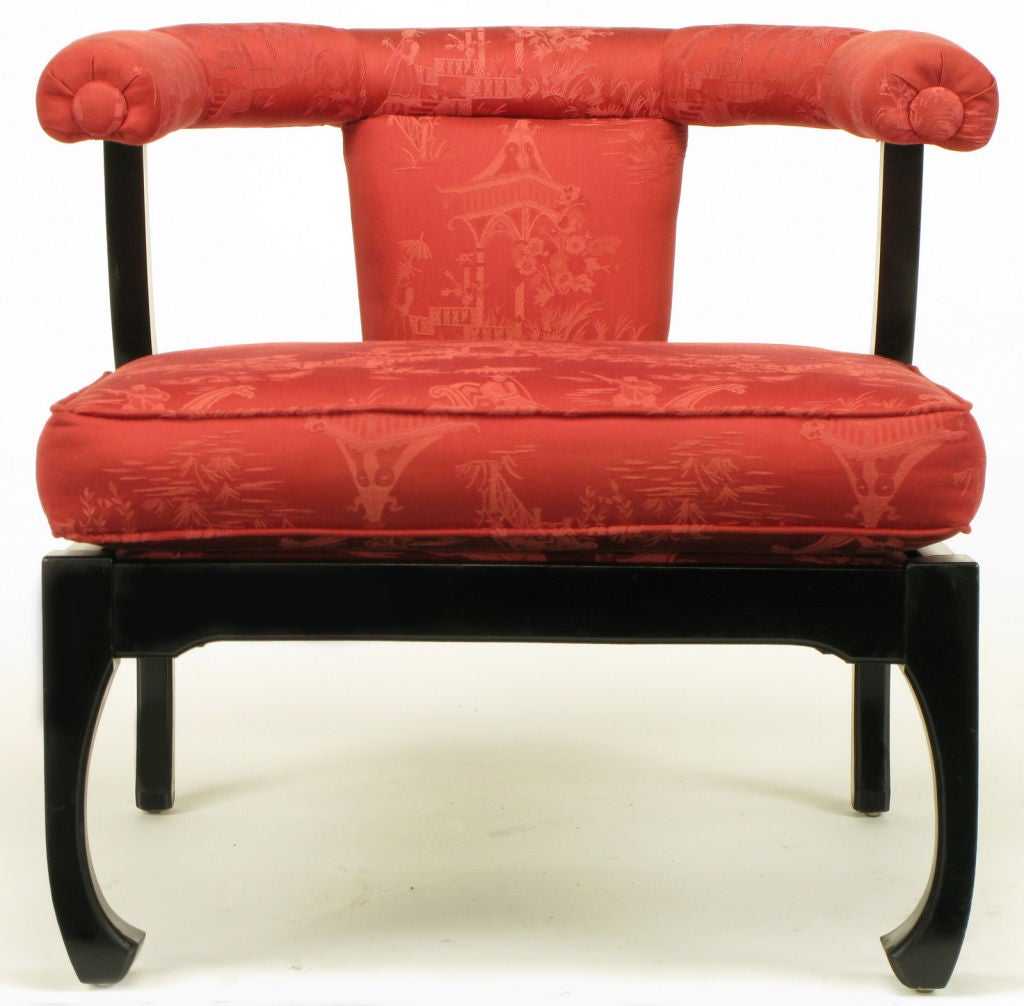 Pair Low Ming-Style Silk Upholstered Chinoiserie Lounge Chairs 3