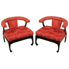 Pair Low Ming-Style Silk Upholstered Chinoiserie Lounge Chairs
