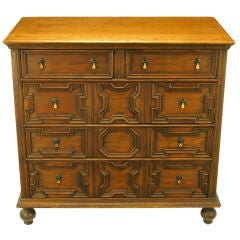 Vintage Jacobean Style Five-Drawer Oak Commode With Brass Drop Pulls