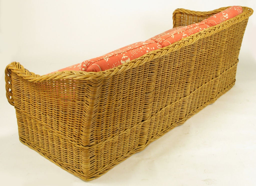 Late 20th Century Vintage Wicker Works Italian Rattan & Coral Print Linen Sofa