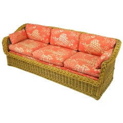 Vintage Wicker Works Italian Rattan & Coral Print Linen Sofa