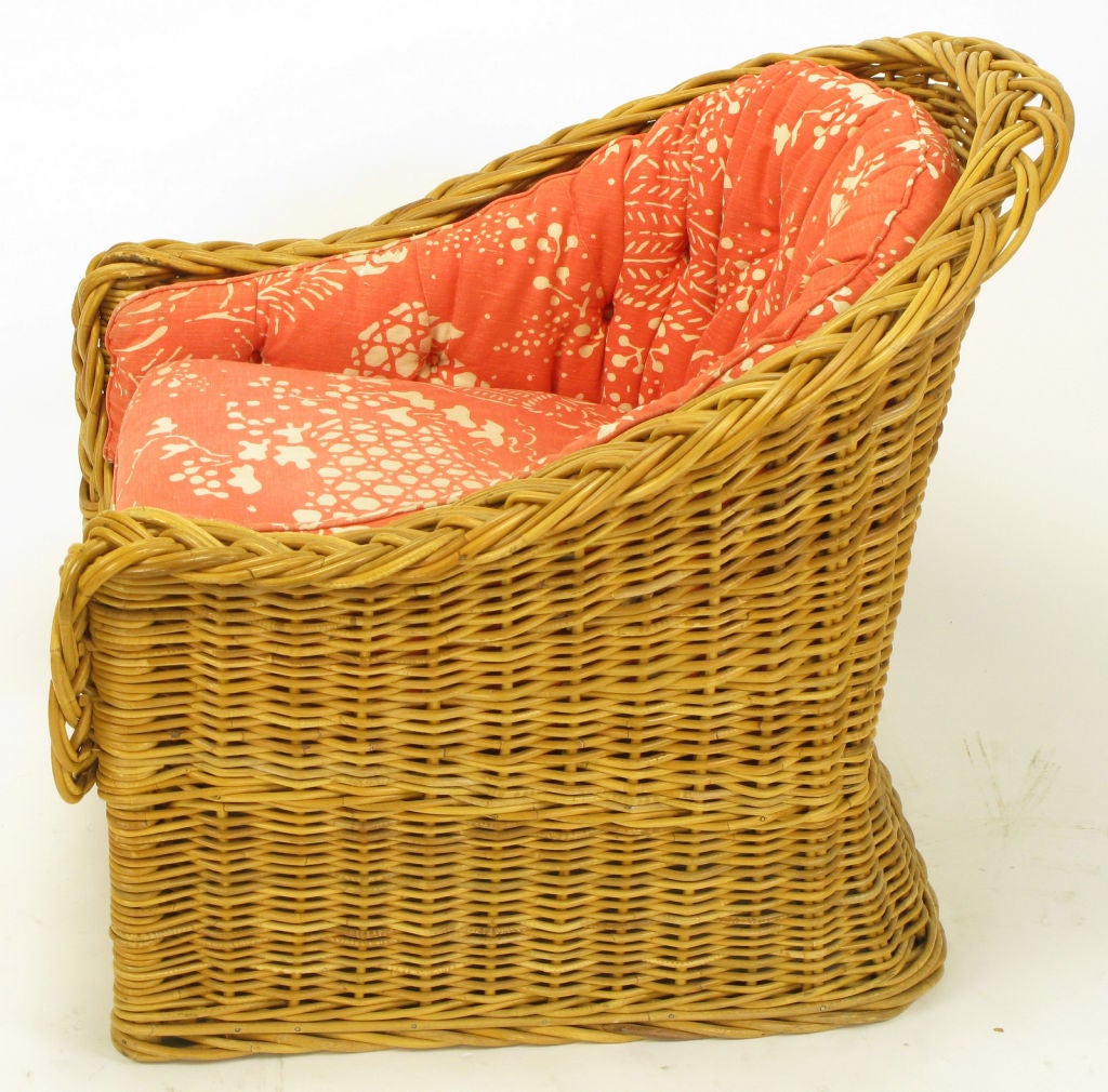 Late 20th Century Wicker Works Italian Rattan Barrel Back Lounge Chair & Ottoman