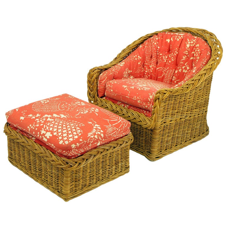 Wicker Works Italian Rattan Barrel Back Lounge Chair & Ottoman