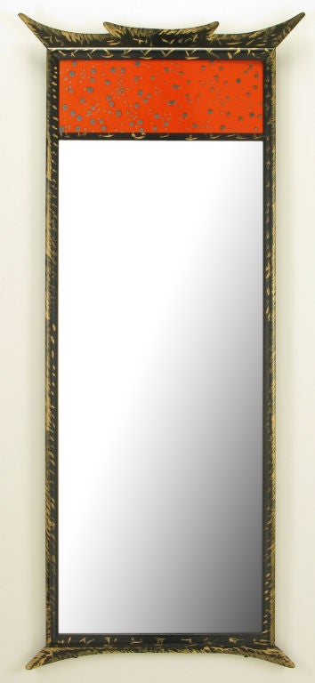 Parcel Gilt Pagoda Style Enameled Panel Trumeau Mirror