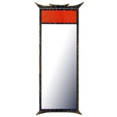 Parcel Gilt Pagoda Style Enameled Panel Trumeau Mirror