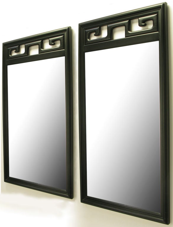 Pair Black Lacquered Asian Greek Key Panel Mirrors