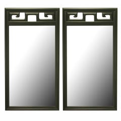 Pair Black Lacquered Asian Greek Key Panel Mirrors