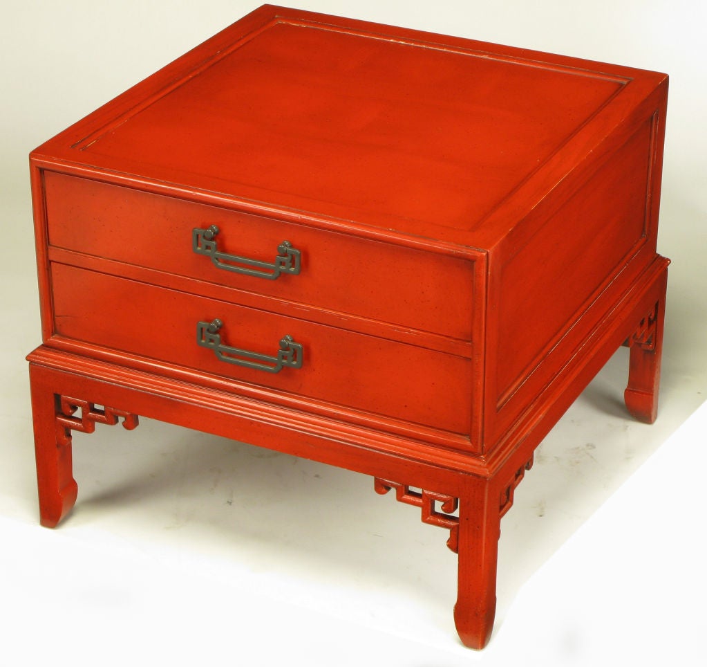 American Hekman Cinnabar Lacquered & Glazed Two Drawer Asian End Table