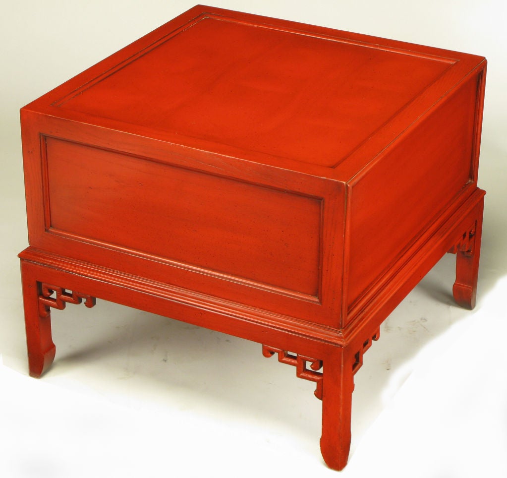 Carved Hekman Cinnabar Lacquered & Glazed Two Drawer Asian End Table