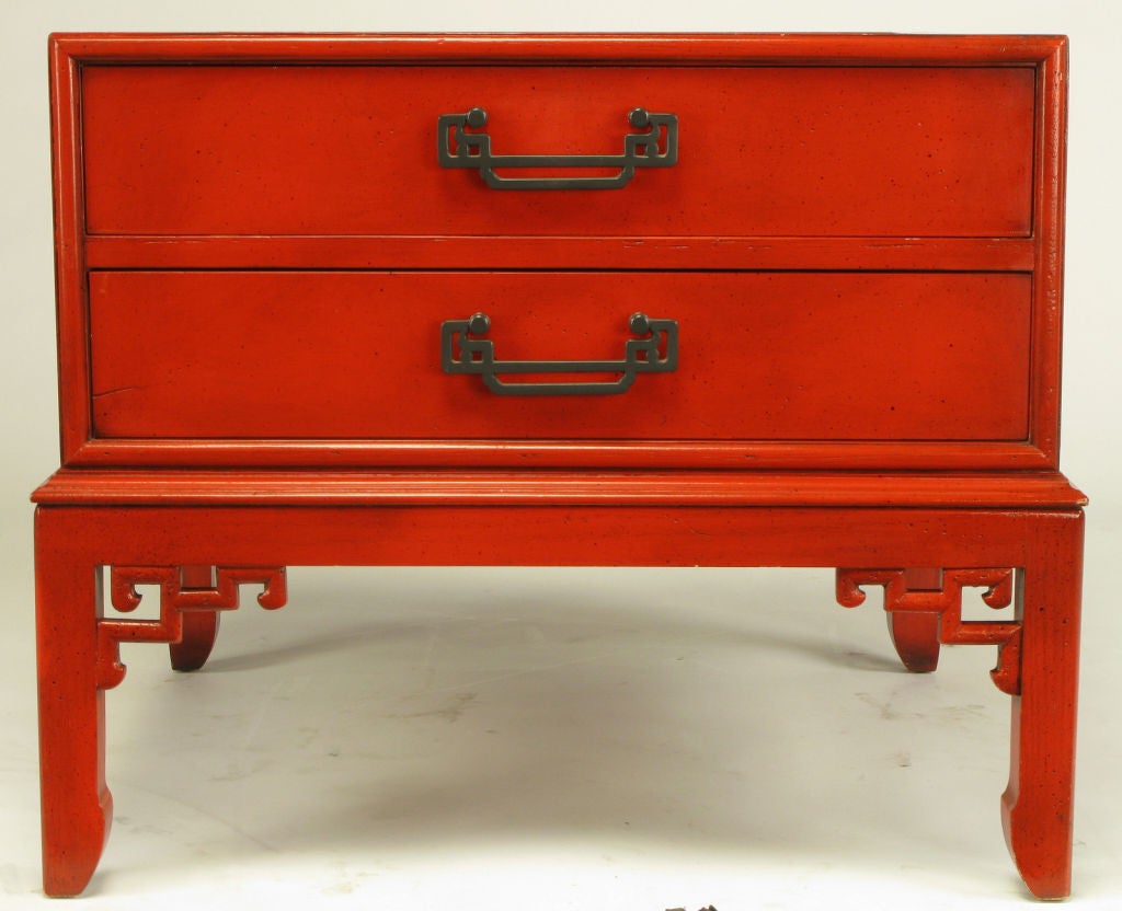 20th Century Hekman Cinnabar Lacquered & Glazed Two Drawer Asian End Table