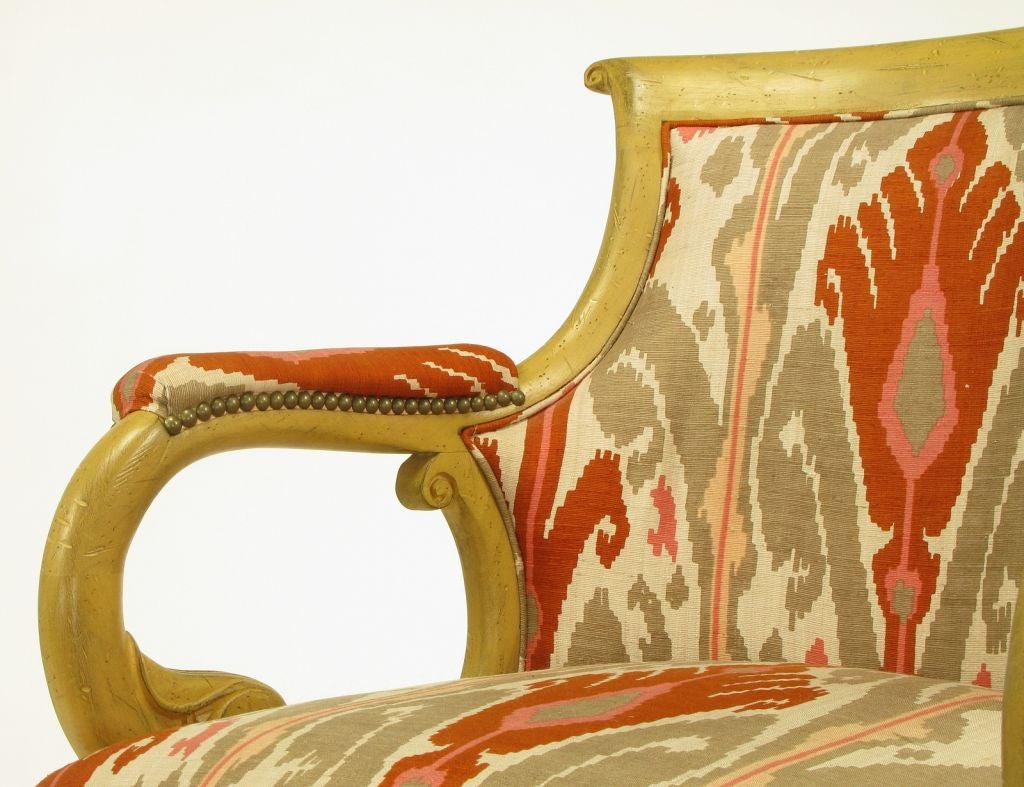 Pair Interior Crafts Regency Scrolled Arm Chairs In Ikat Fabric 4