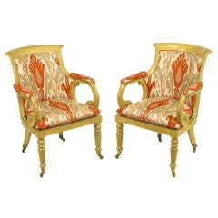 Vintage Pair Interior Crafts Regency Scrolled Arm Chairs In Ikat Fabric