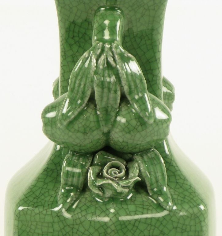 Glazed Pair Jade Green Crackle Glaze Urn Form Table Lamps