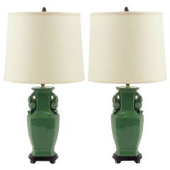 Pair Jade Green Crackle Glaze Urn Form Table Lamps 1