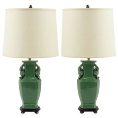 Pair Jade Green Crackle Glaze Urn Form Table Lamps