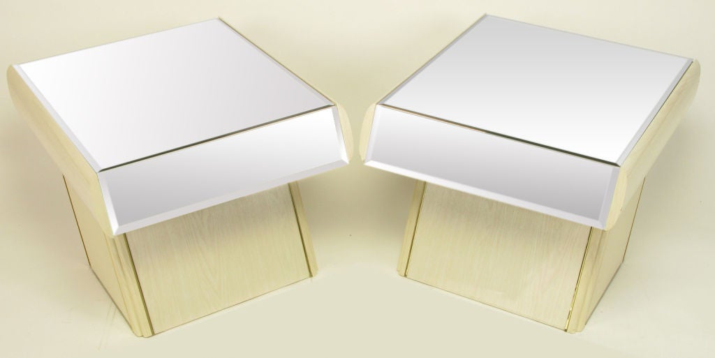 Pair Italian White Glazed Oak & Mirrored Cantilevered End Tables