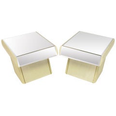 Pair Italian White Glazed Oak & Mirrored Cantilevered End Tables