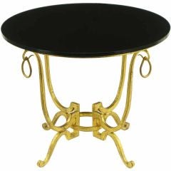 Round Gilt Iron & Black Glass Neoclassical End Table