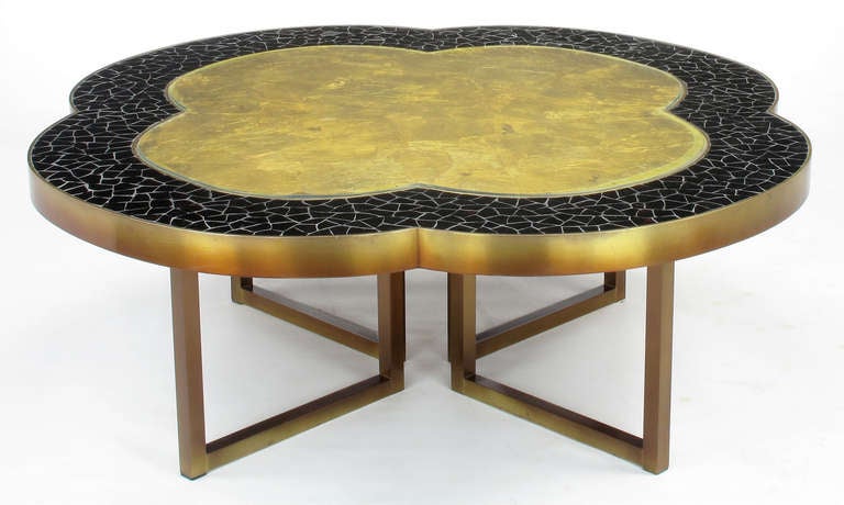 Custom Design Black Glass Mosaic & Gold Leaf Quatrefoil Coffee Table