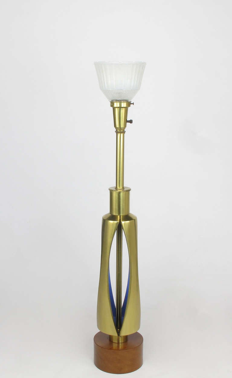 Mid-Century Modern Rembrandt Brass and Azure Blue Table Lamp For Sale