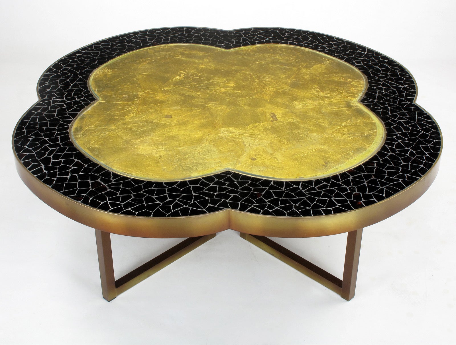 Custom Design Black Glass Mosaic & Gold Leaf Quatrefoil Coffee Table