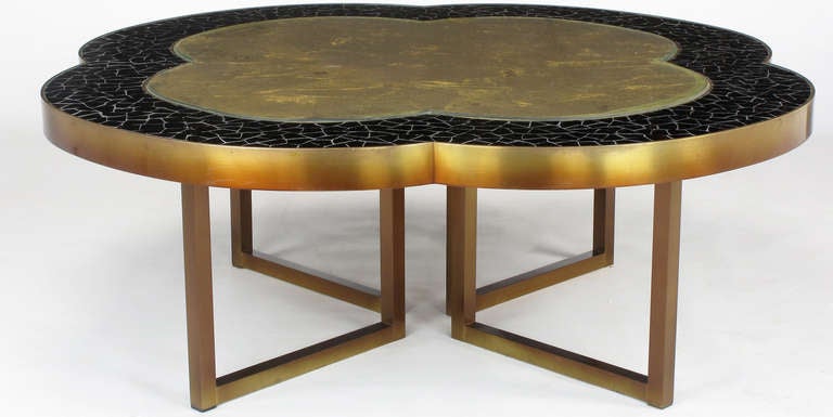 Custom Design Black Glass Mosaic & Gold Leaf Quatrefoil Coffee Table In Good Condition In Chicago, IL