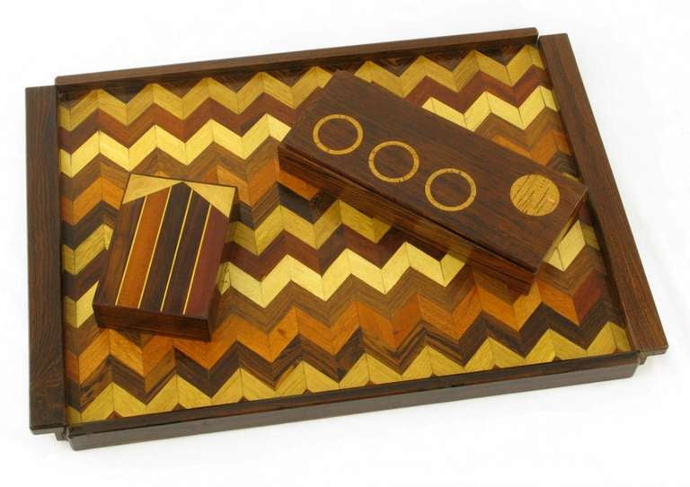 Don S. Shoemaker Rosewood Chevron Parquetry Tray with Pair of Boxes