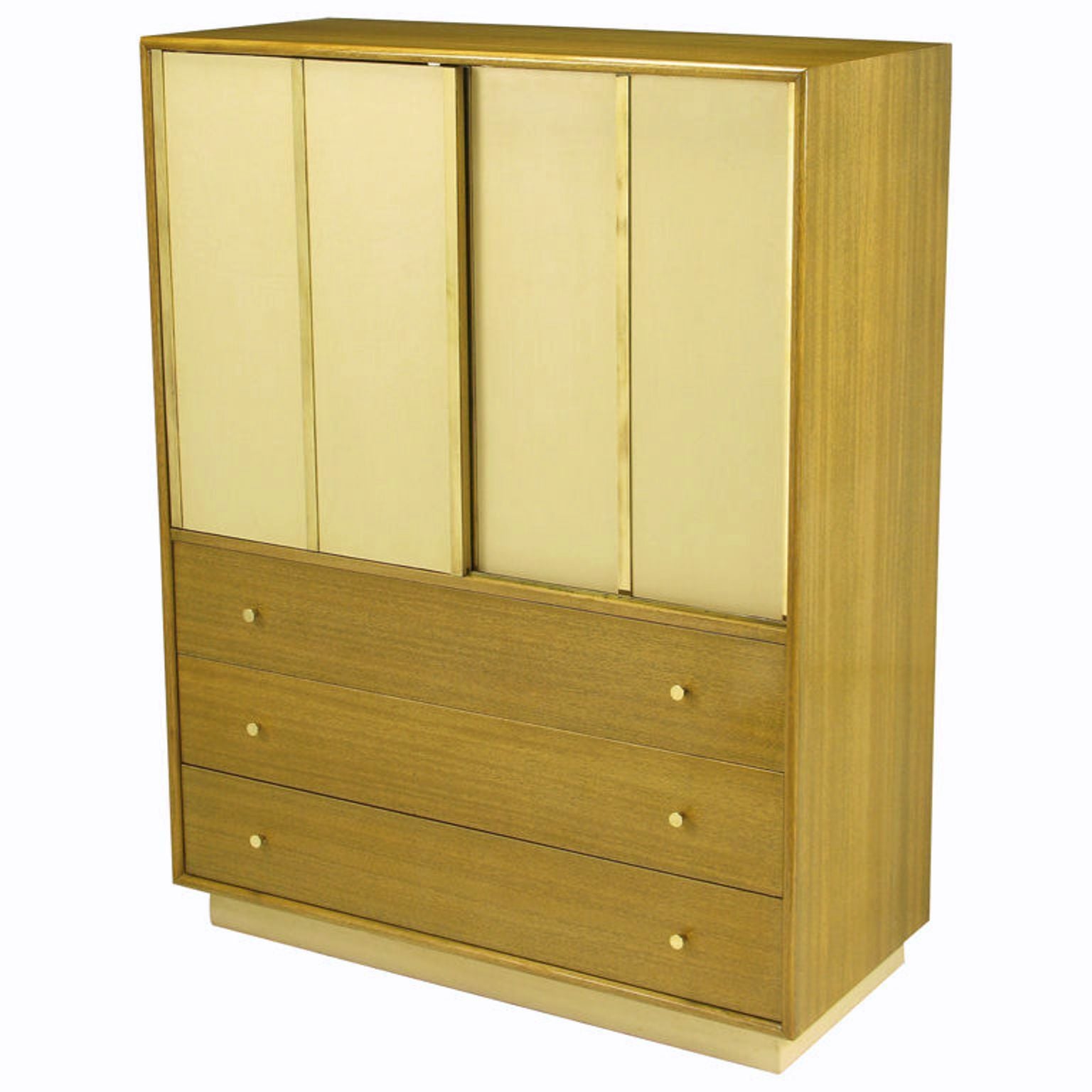 Harvey Probber Bleached Mahogany & Ivory Leather Tall Cabinet
