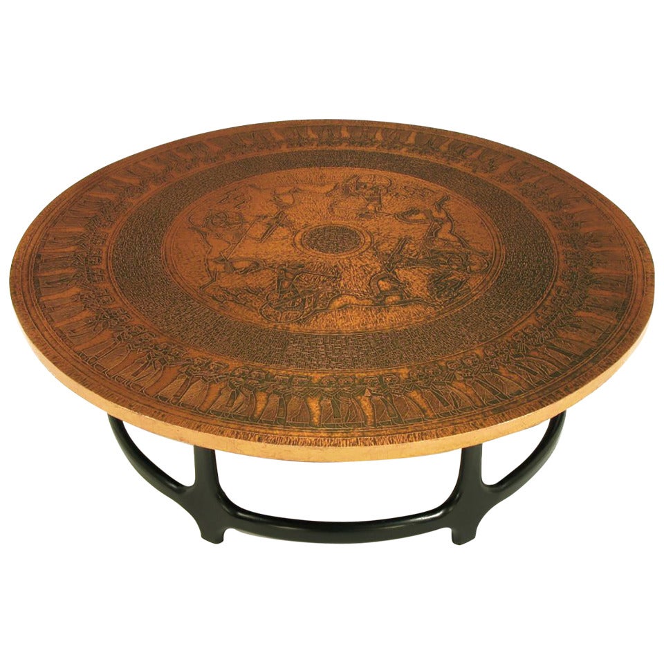 Round Copper Leaf Relief and Ebonized Walnut Coffee Table