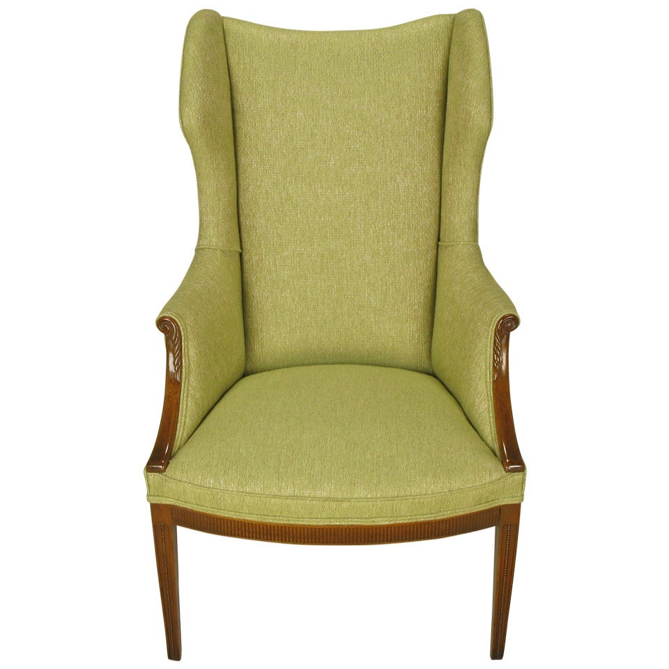 1940s Italianate Mahogany and Sage Linen Upholstery Wing Chair For Sale