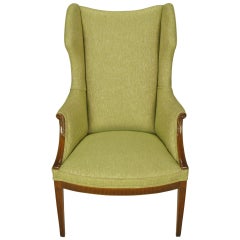 1940s Italianate Mahogany and Sage Linen Upholstery Wing Chair