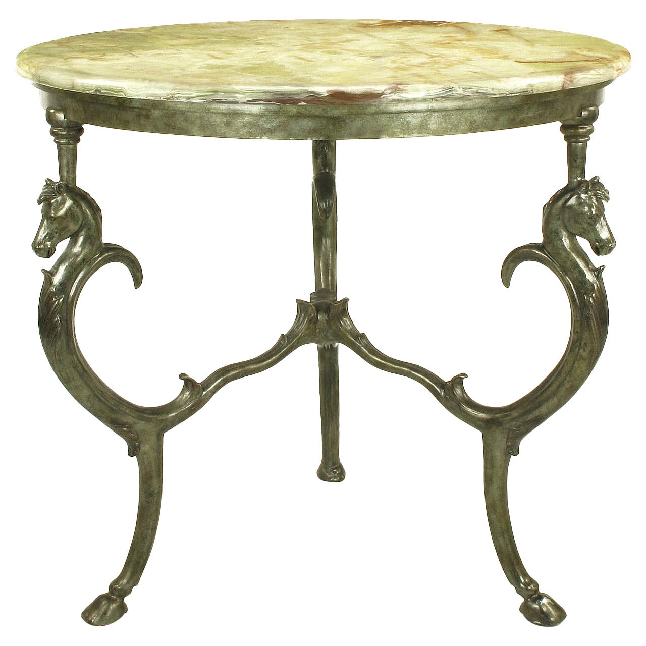 Round Onyx-Top Table with Patinated Iron Horse Head Base For Sale