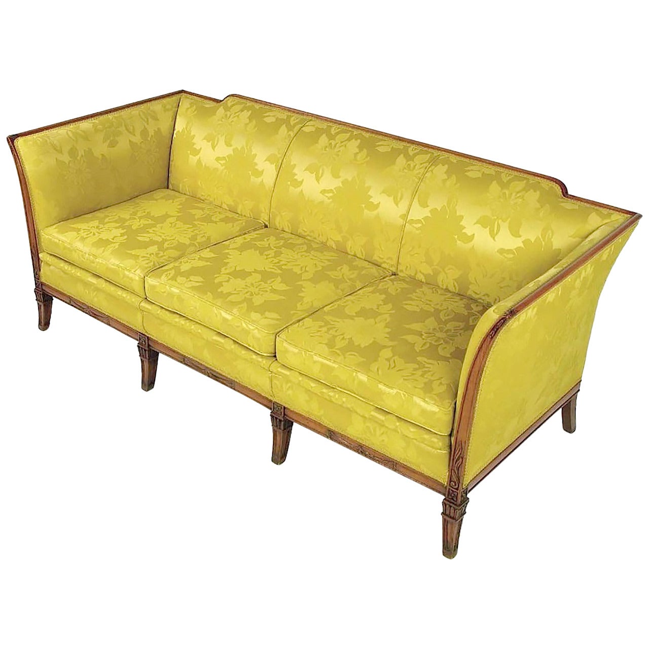 1940s Empire Three-Seat Sofa in Gold Damask and Carved Walnut