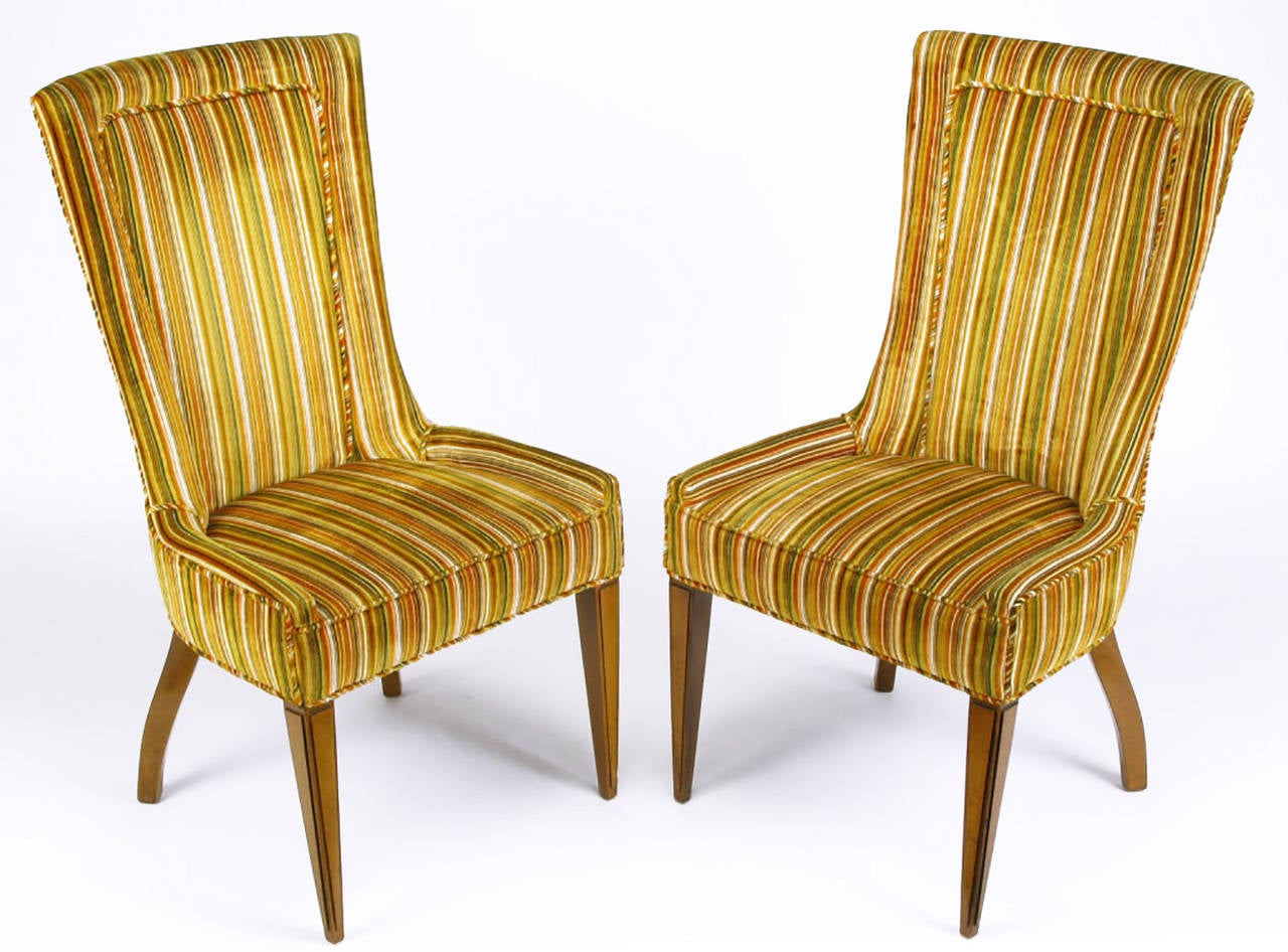 American Pair of Striped and Cut Velvet Empire Style Side Chairs