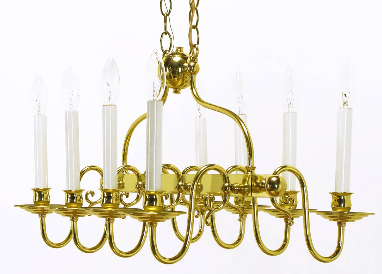American Eight-Arm Linear Brass Rectangular Chandelier For Sale