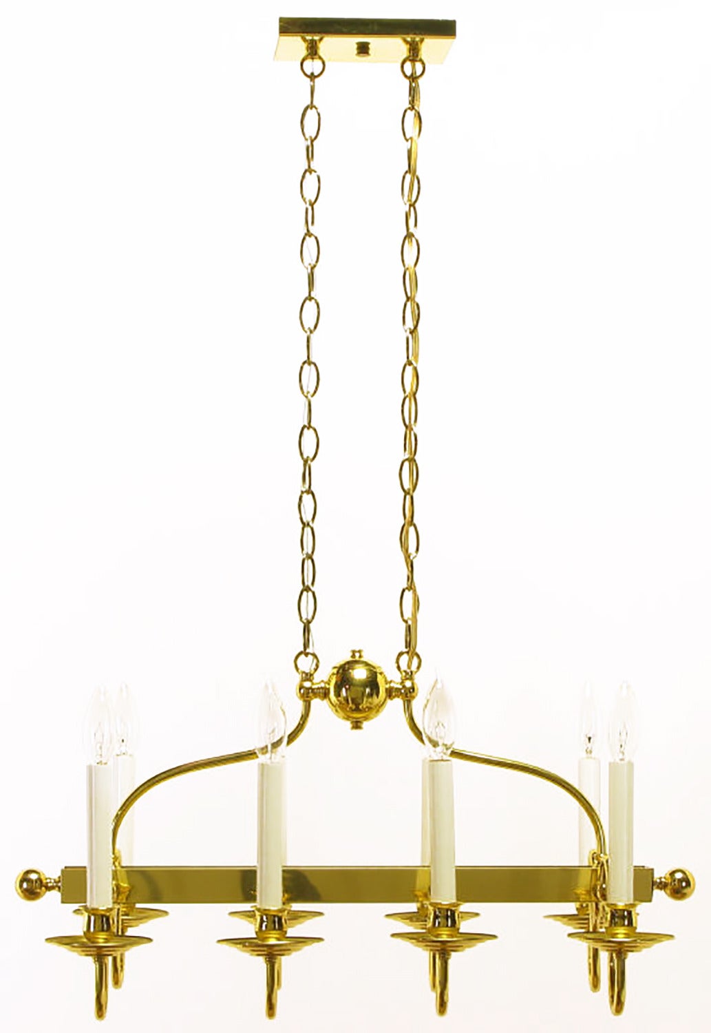 Eight-Arm Linear Brass Rectangular Chandelier For Sale 3