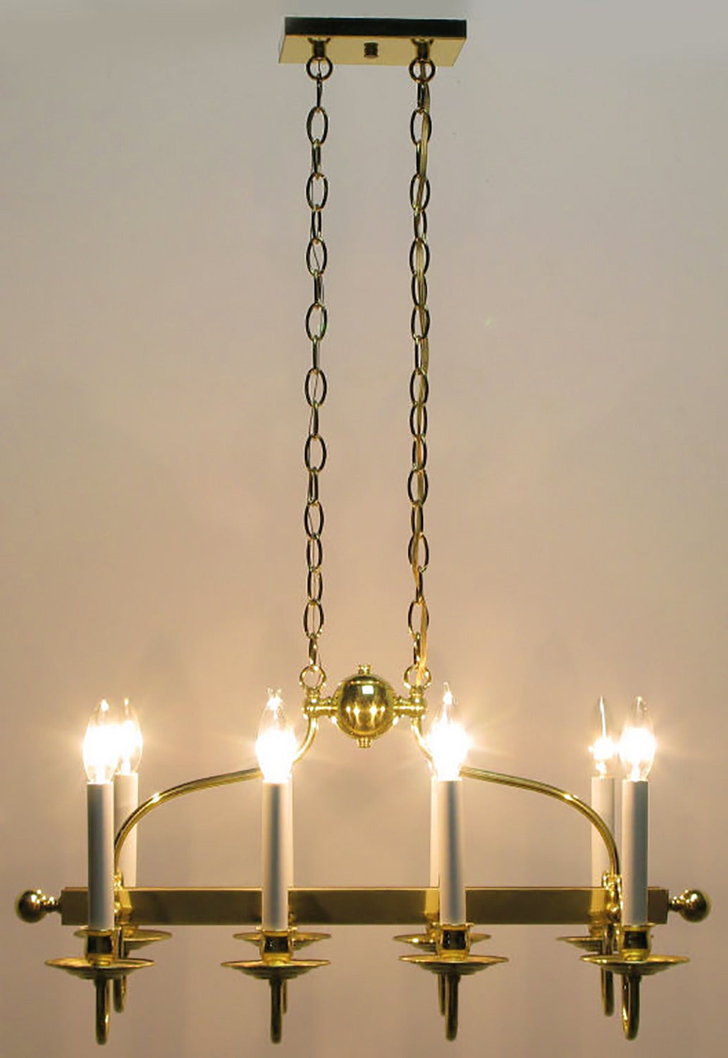 Eight-Arm Linear Brass Rectangular Chandelier For Sale 2