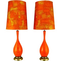 Vintage Pair of Persimmon & Gamboge Stippled Glaze Table Lamps 