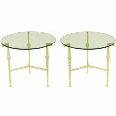 Pair Round Giacometti Style Iron & Glass End Tables